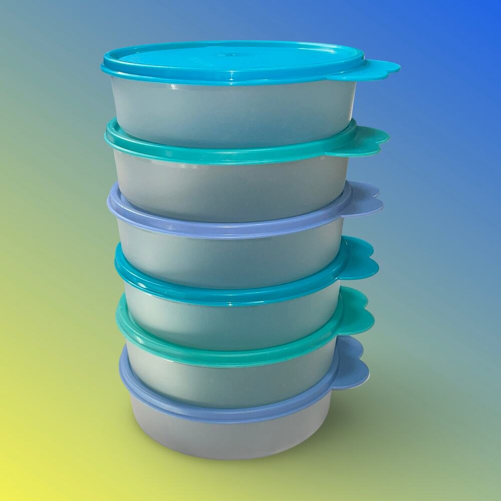 Tupperware 1403 Ideal Litl Bowls Set of 6 Butterfly Tab Lid Turquoise Blue  Y2K